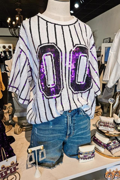 Main Strip White & Purple Sequin Game Day Striped Jersey Tunic | Bella Lucca Large