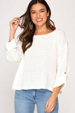 Off-white 3/4 Sleeve Rolled Lightweight Sweater | Bella Lucca Boutique