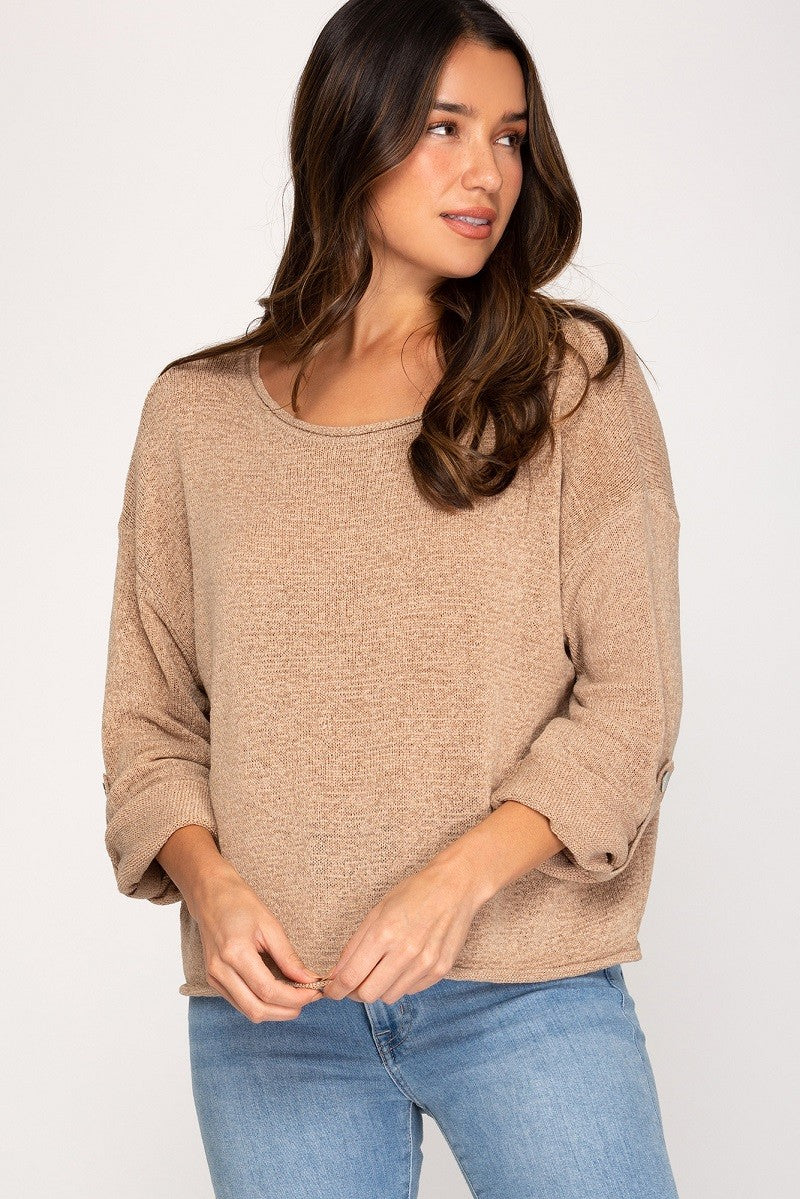Taupe 3/4 Rolled Sleeve Lightweight Sweater | Bella Lucca Boutique