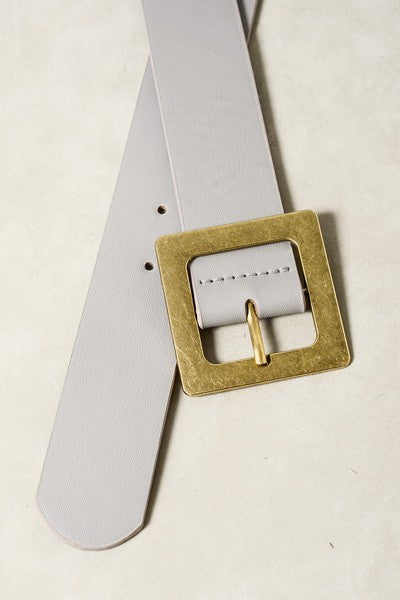 Gray Leather Belt Large Gold Square Buckle | Bella Lucca Boutique