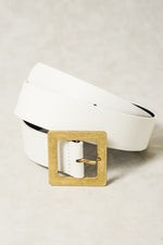 White Leather Belt Large Gold Square Buckle | Bella Lucca Boutique