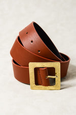 Brown Leather Belt Large Gold Square Buckle | Bella Lucca Boutique