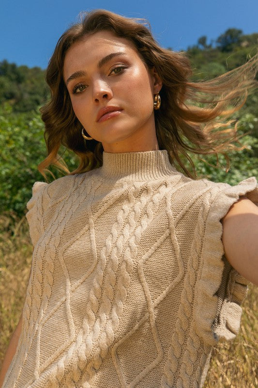 CABLE KNIT RUFFLE SWEATER VEST