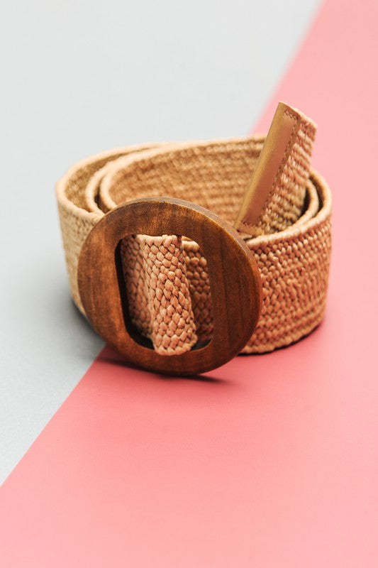 Tan Woven Stretchy Belt Round Brown Wooden Buckle | Bella Lucca Boutique