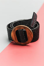 Black Woven Stretchy Belt Round Brown Wooden Buckle | Bella Lucca Boutique