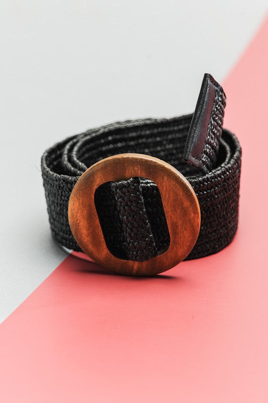 Black Woven Stretchy Belt Round Brown Wooden Buckle | Bella Lucca Boutique