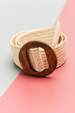 Ivory Woven Stretchy Belt Round Brown Wooden Buckle | Bella Lucca Boutique
