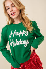 Green Happy Holidays Sparkle Script Lettering Sweater | Bella Lucca Boutique