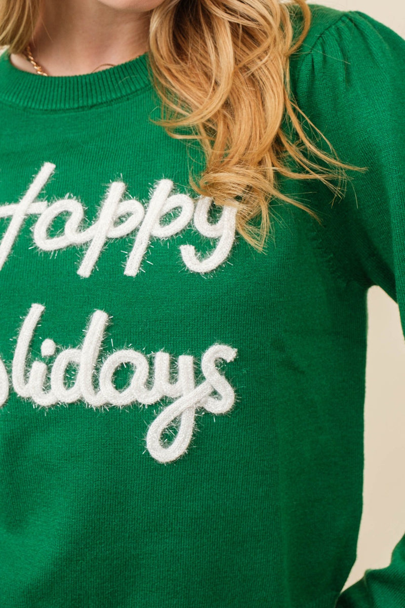 Green Happy Holidays Sparkle Script Lettering Sweater | Bella Lucca Boutique