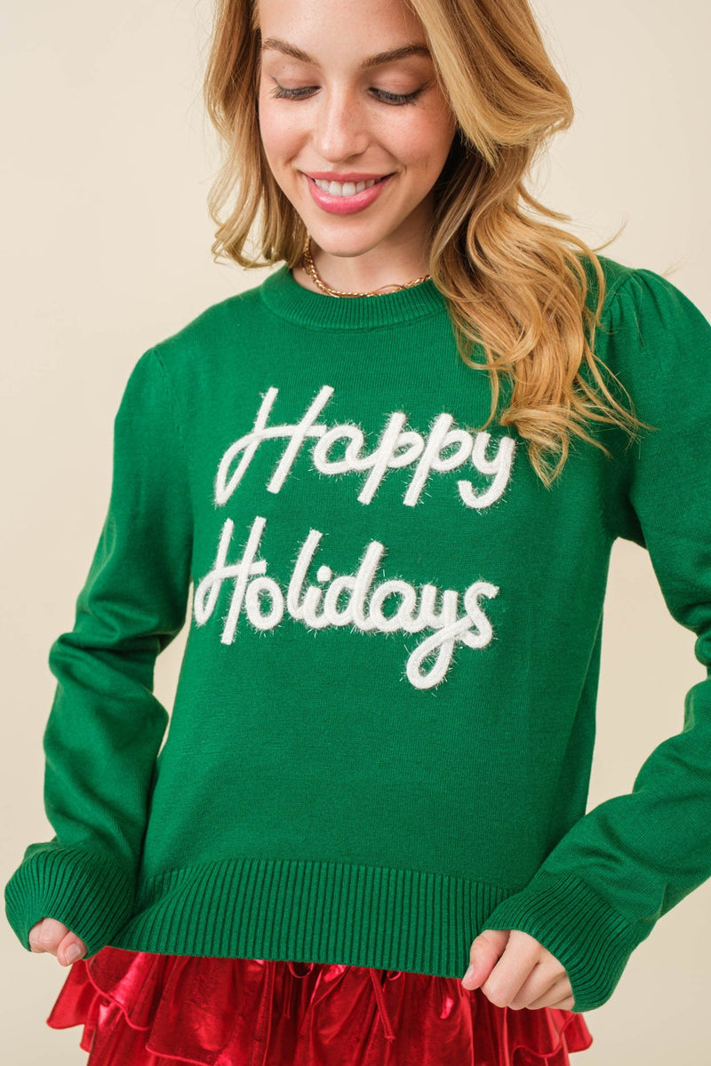 Green Happy Holidays Sparkle Script Lettering Sweater | Bella Lucca Boutique