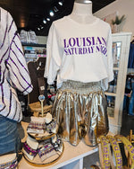LSU Tigers Game Day High Waisted Gold Metallic Smocked Shorts | Bella Lucca Boutique