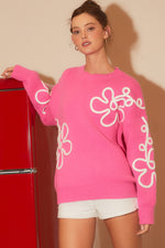 Pink 3d Squiggly Flower Contrast Soft Pullover Sweater | Bella Lucca Boutique