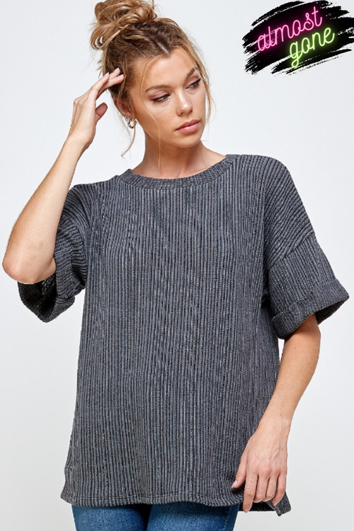 Charcoal Two-Toned  Rolled Sleeve Top | Bella Lucca Boutique
