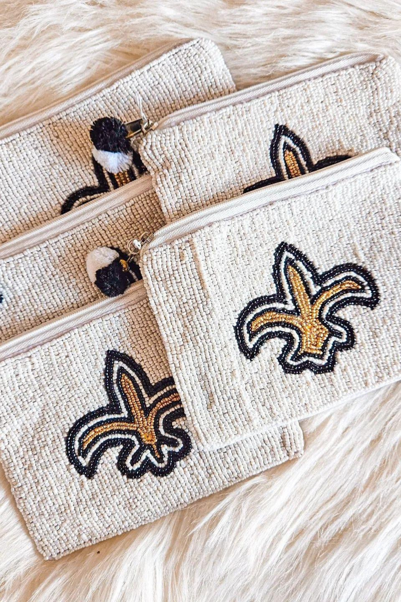 Saints Black & Gold Beaded White Coin Purse | Bella Lucca Boutique