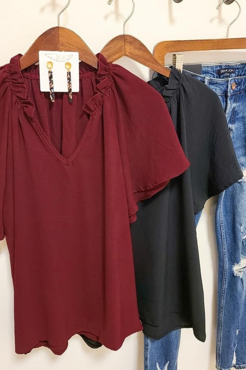 Burgundy V-Neck Flutter Sleeve Blouse | Bella Lucca Boutique
