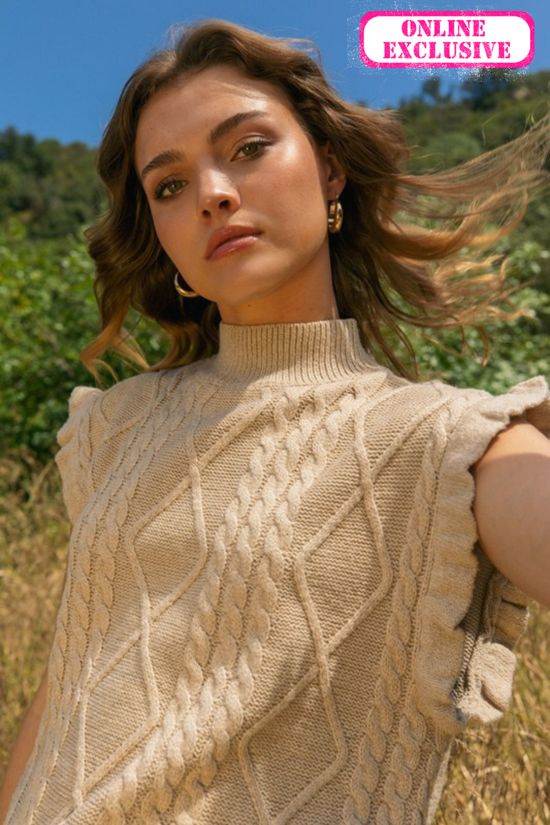 CABLE KNIT RUFFLE SWEATER VEST