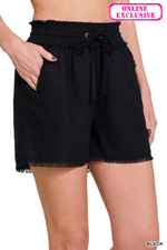 LINEN FRAYED HEM DRAWSTRING SHORTS WITH POCKETS