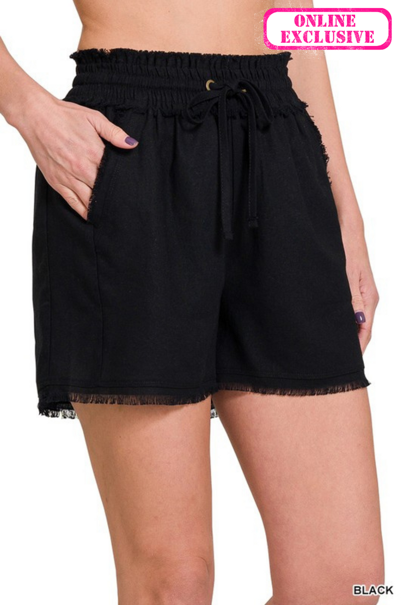 LINEN FRAYED HEM DRAWSTRING SHORTS WITH POCKETS