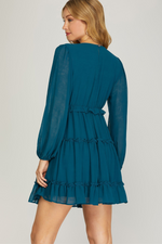 Green Long Sleeve Crinkled Ruffled Dress | Bella Lucca Boutique