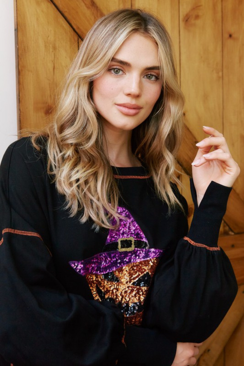 Black Oversized Sequin Pumpkin Knit Pullover | Bella Lucca Boutique