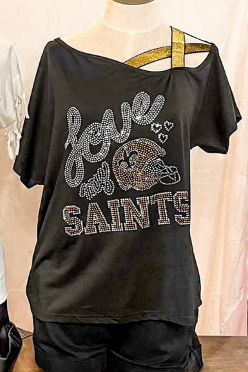 Rhinestone Saints Football Metallic Gold Shoulder Strap Game Day Top | Bella Lucca Boutique