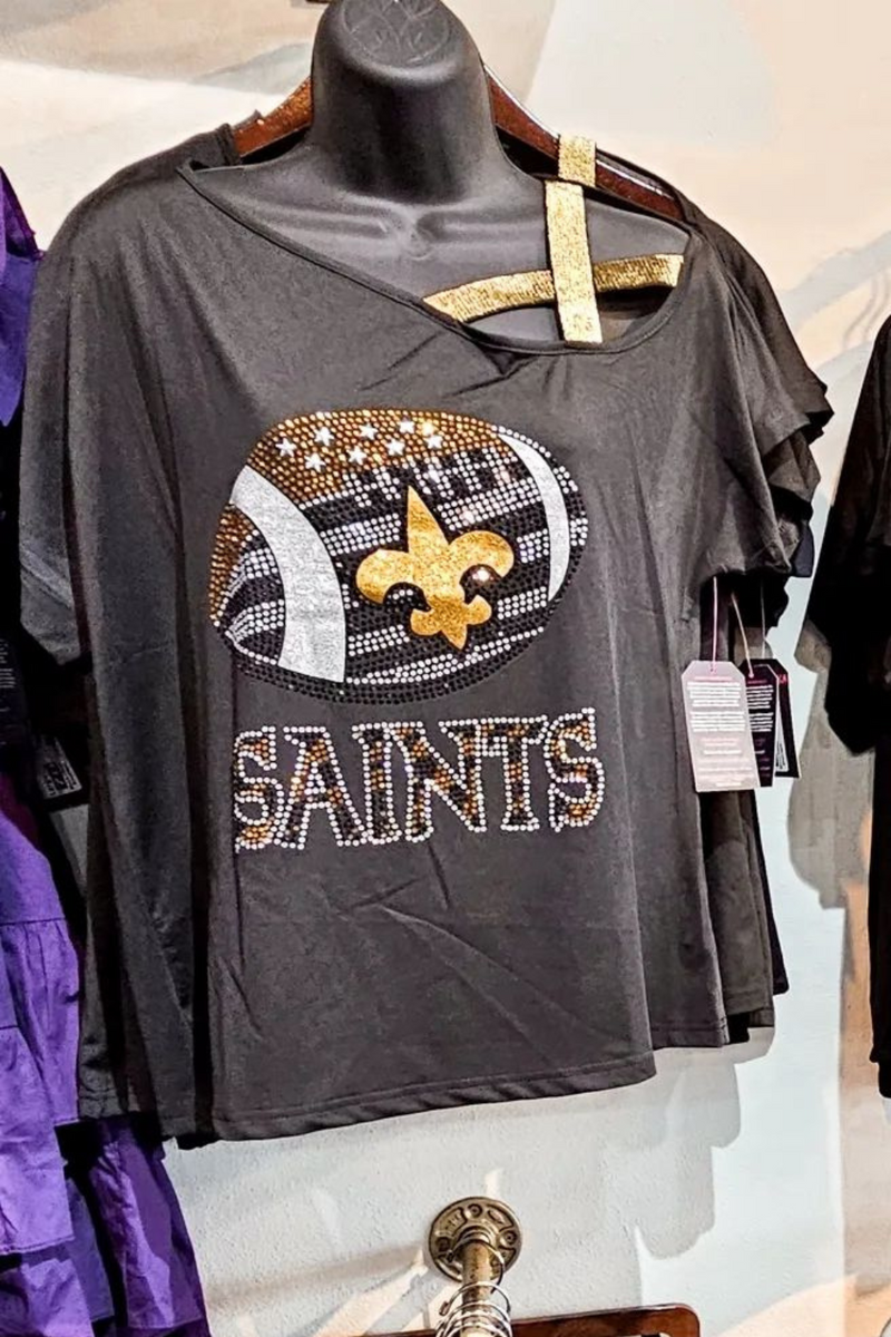 Rhinestone Saints Football Metallic Gold Shoulder Strap Game Day Top | Bella Lucca Boutique