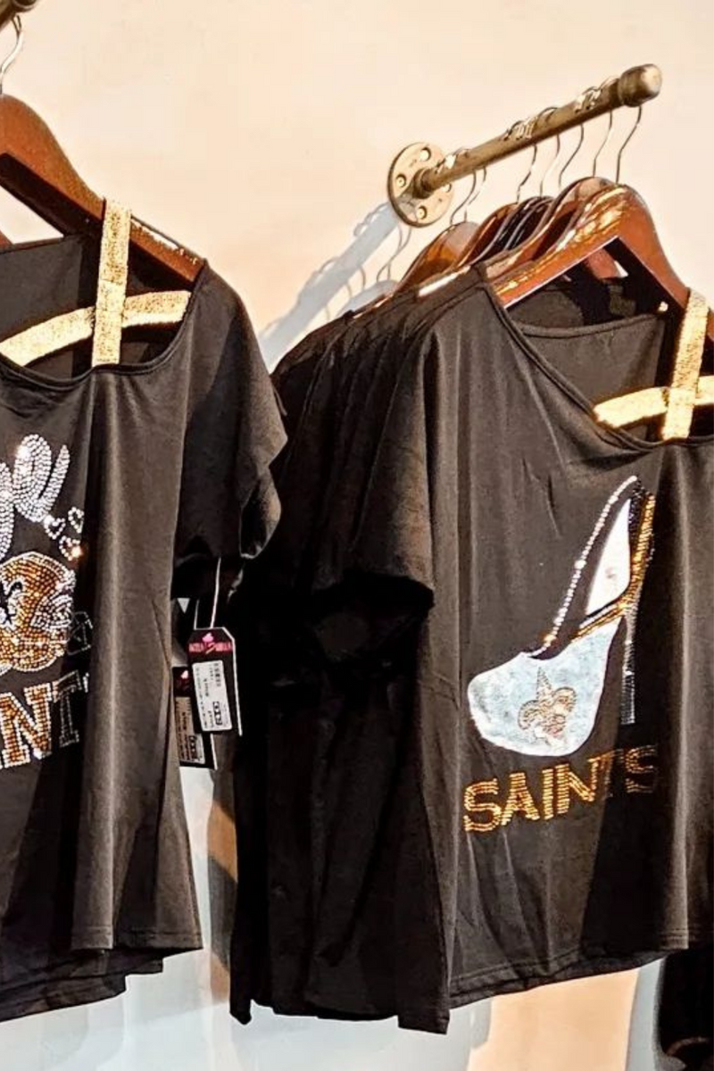 Rhinestone Saints Football Metallic Gold Shoulder Strap Game Day Top | Bella Lucca Boutique