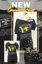 Rhinestone Saints Football Metallic Gold Shoulder Strap Game Day Top | Bella Lucca Boutique
