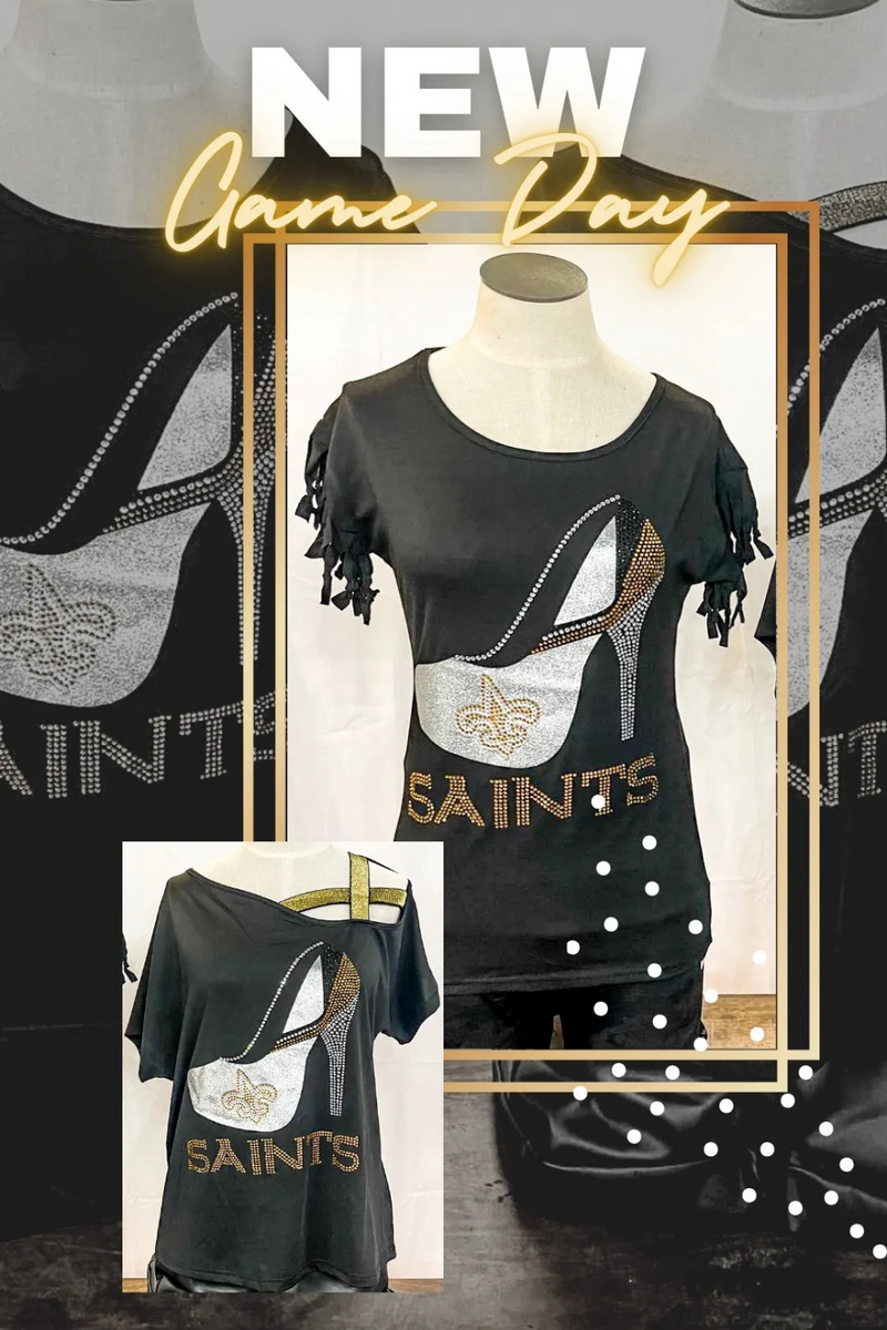 Rhinestone Saints Football Metallic Gold Shoulder Strap Game Day Top | Bella Lucca Boutique