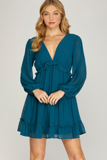 Teal Long Sleeve Crinkled Ruffled Dress | Bella Lucca Boutique