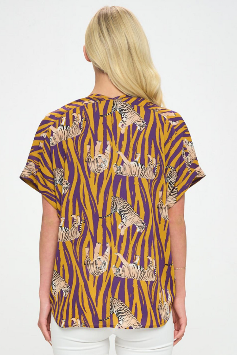 LSU Roaring Tiger Printed Silky Satin Game Day Top | Bella Lucca Boutique