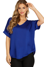 Royal Blue Drop Shoulder Satin Blouse | Bella Lucca Boutique
