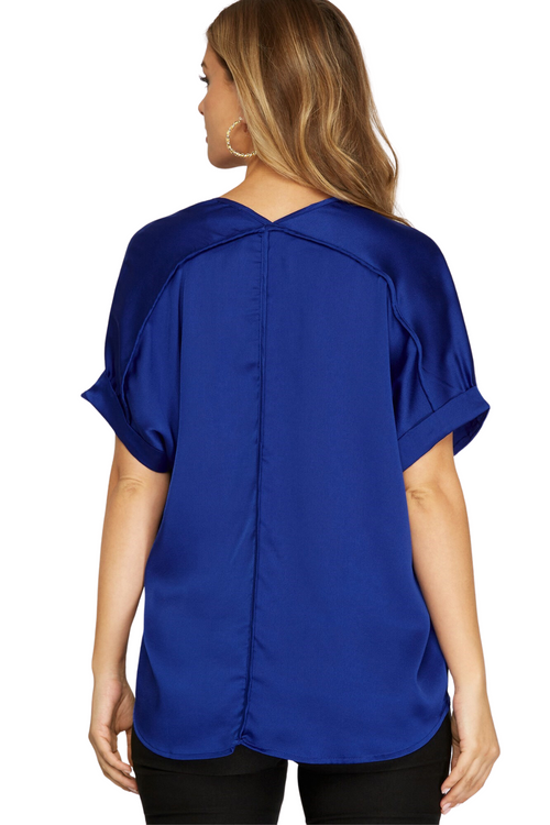 Royal Blue Drop Shoulder Satin Blouse | Bella Lucca Boutique
