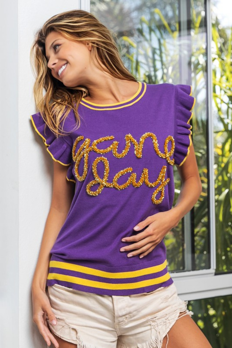 LSU Metallic Touch Down Lettering Ruffle Sleeve Sweater | Bella Lucca Boutique