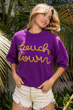 Purple & Gold Metallic Touch Down Lettering Puff Sleeve Sweater | Bella Lucca Boutique