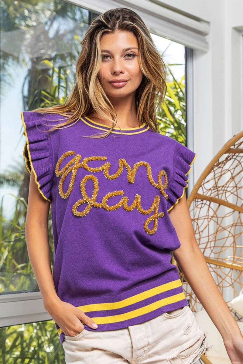 Purple & Gold Metallic Touch Down Lettering Ruffle Sleeve Sweater | Bella Lucca Boutique