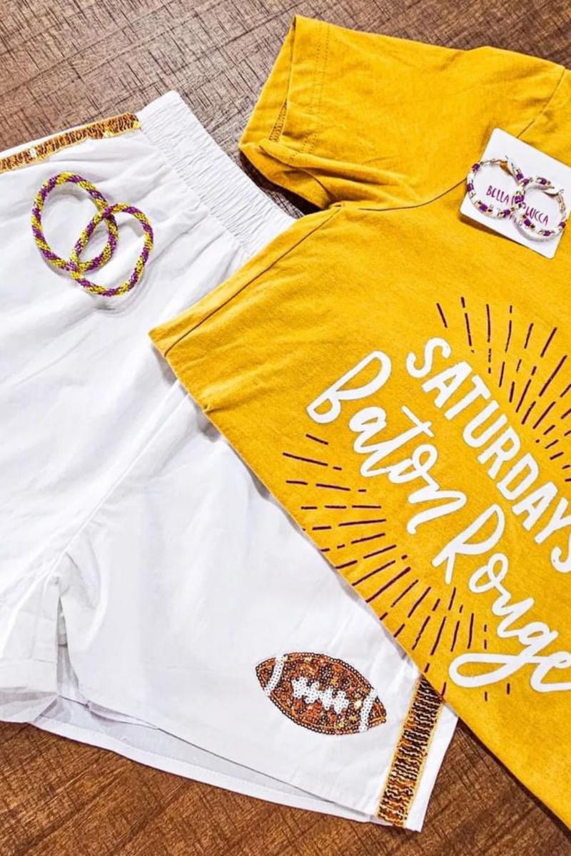 Game Day White Sequin Football Shorts | Bella Lucca Boutique