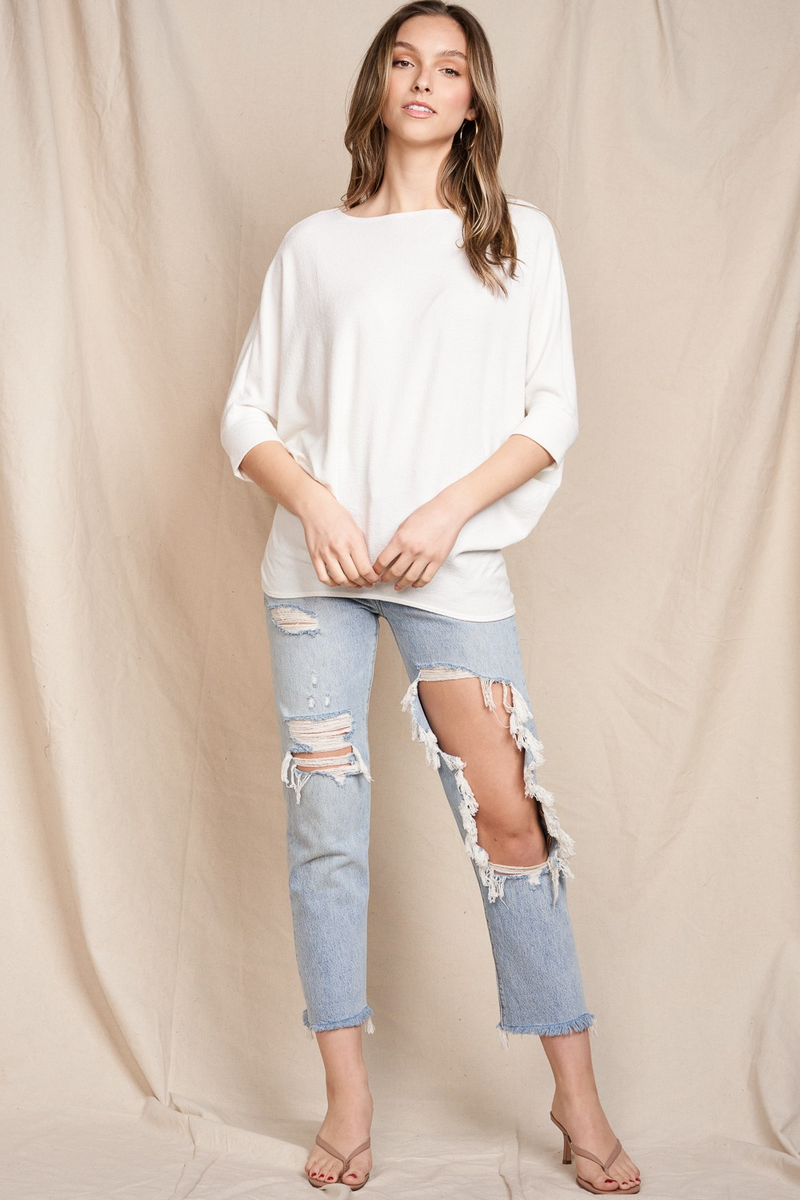 White Crepe Hacci 3/4 Sleeve Dolman | Bella Lucca Boutique