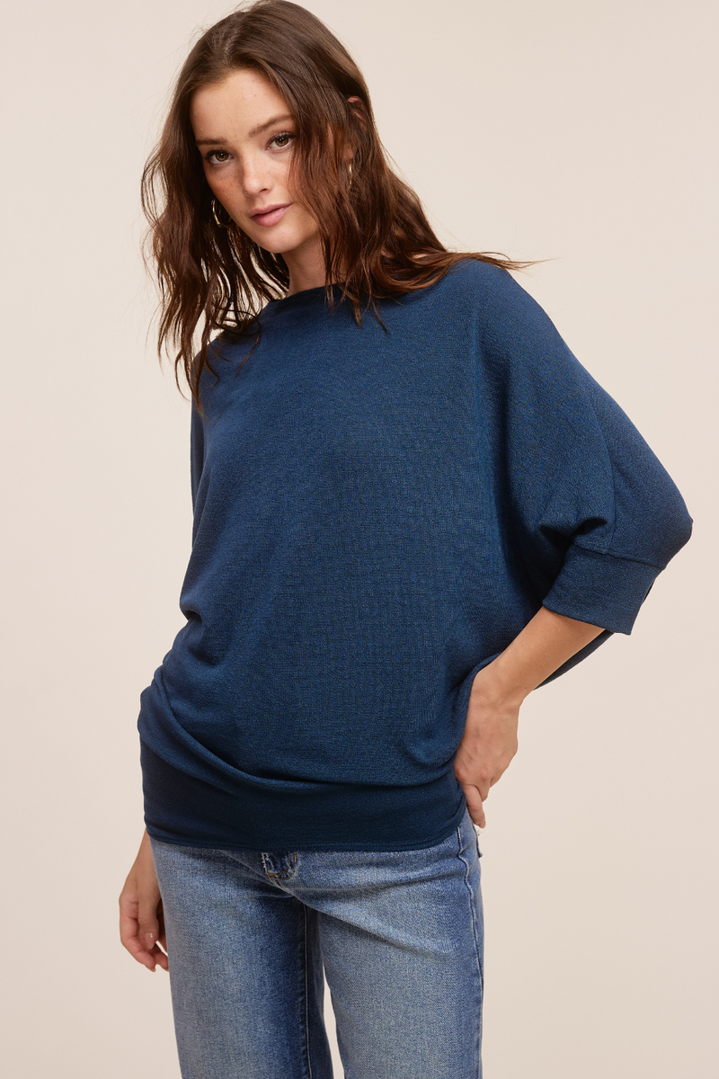 Teal Blue Crepe Hacci 3/4 Sleeve Dolman | Bella Lucca Boutique