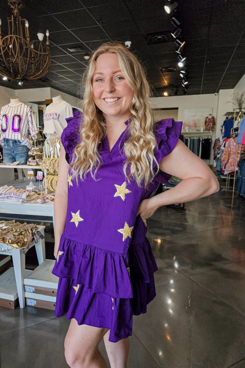 Purple & Gold Sequin Stars Ruffle Dress | Bella Lucca Boutique