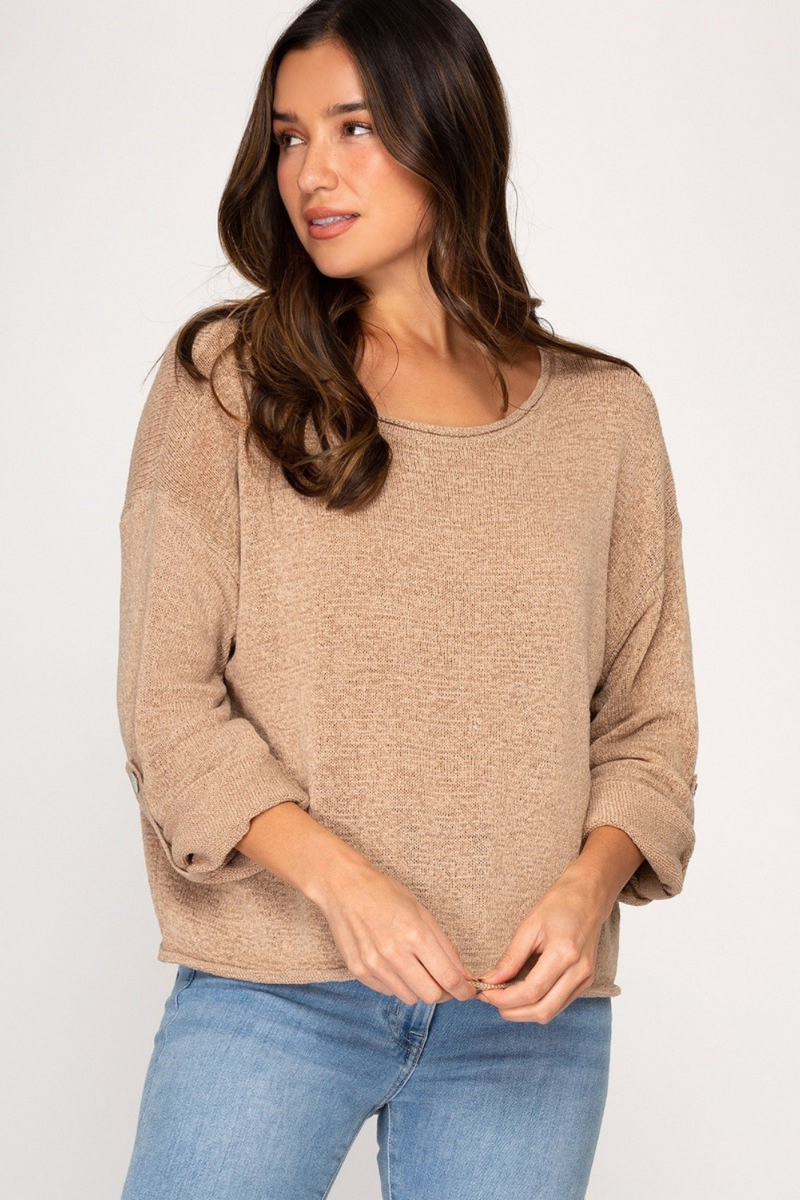Taupe 3/4 Rolled Sleeve Lightweight Sweater | Bella Lucca Boutique