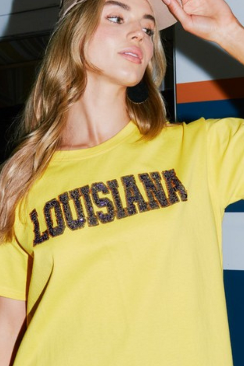 Purple & Gold Louisiana Sequin Lettering Game Day Tee | Bella Lucca Boutique
