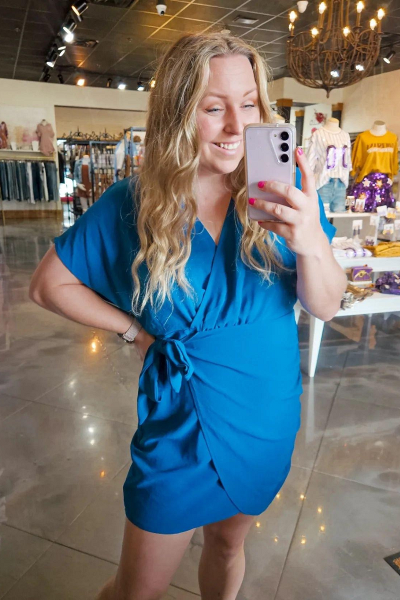 Teal Satin Dolman Sleeve Mini Dress | Bella Lucca Boutique