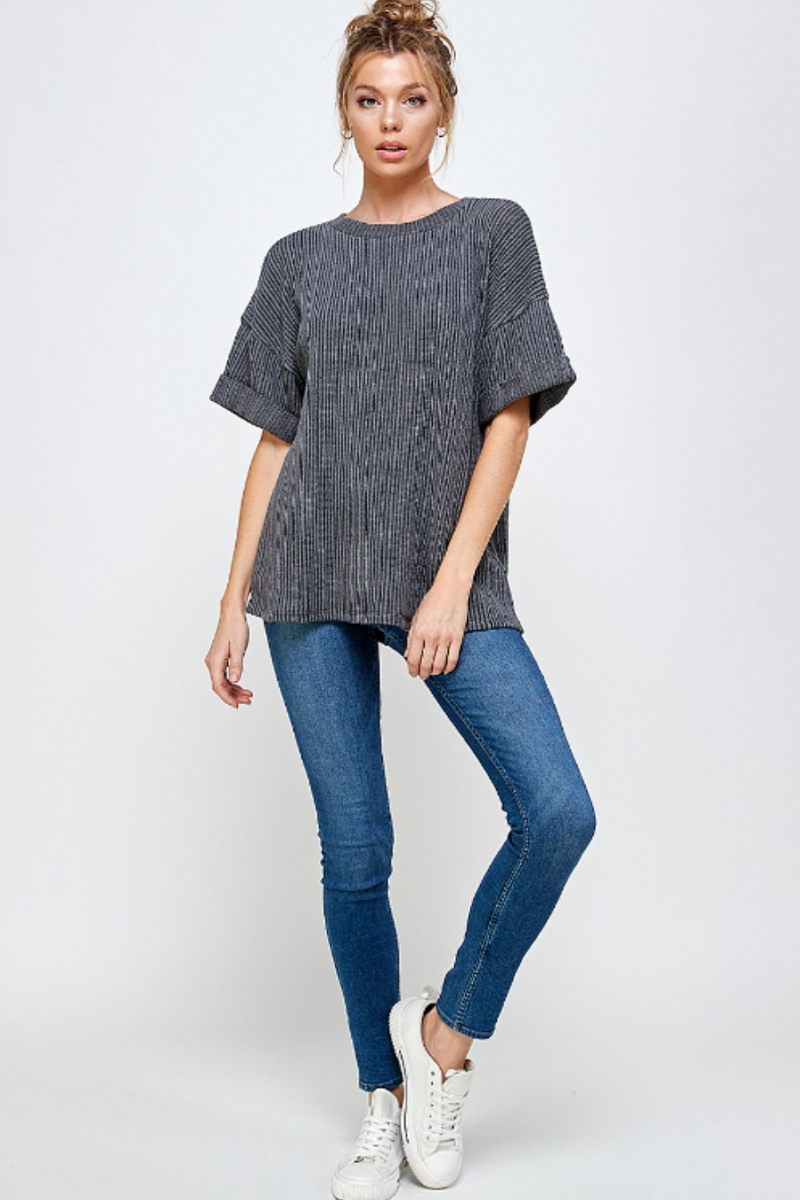 Charcoal Two-Toned  Rolled Sleeve Top | Bella Lucca Boutique