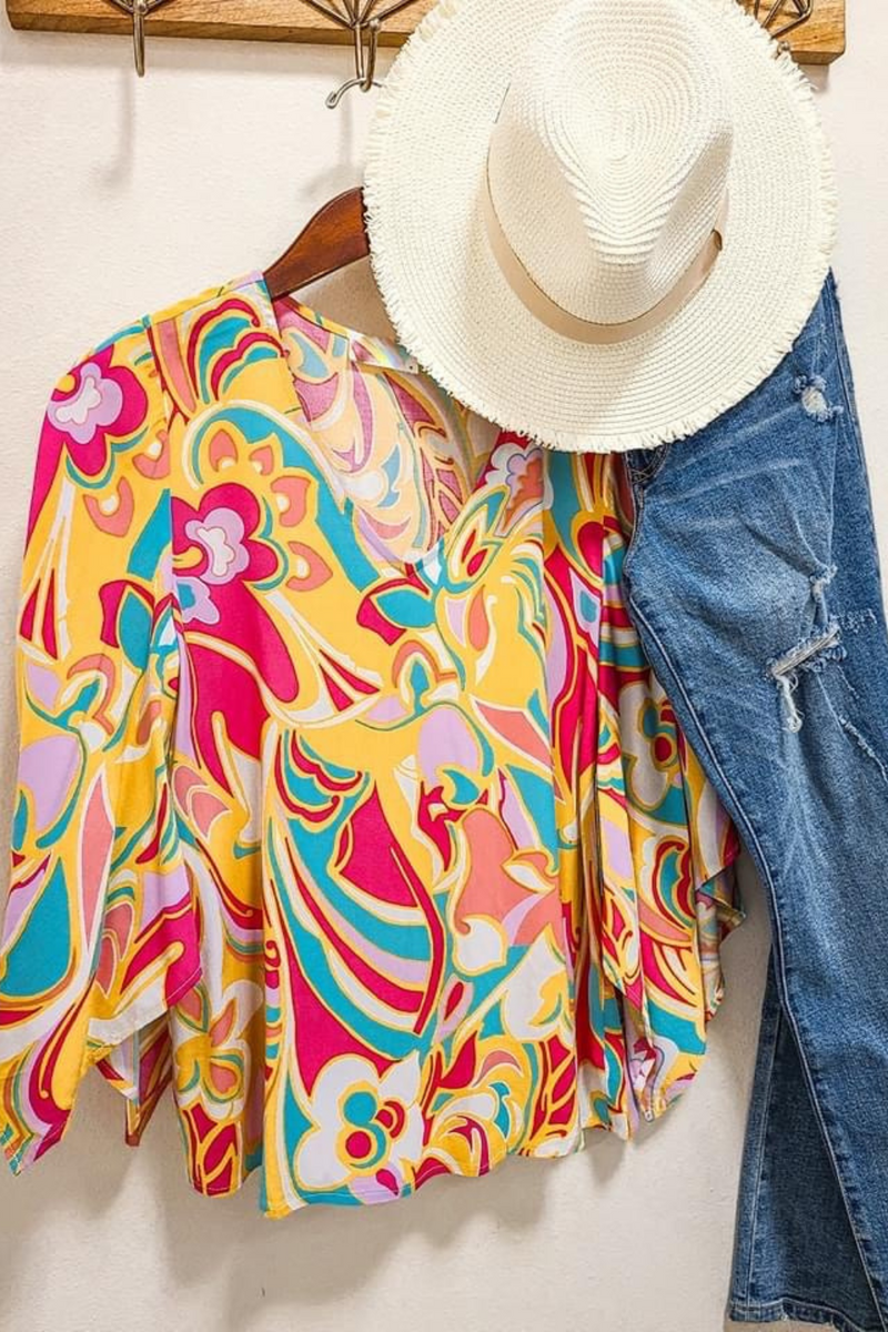 Retro Print Flowy Sleeve V-Neck Blouse Top | Bella Lucca Boutique