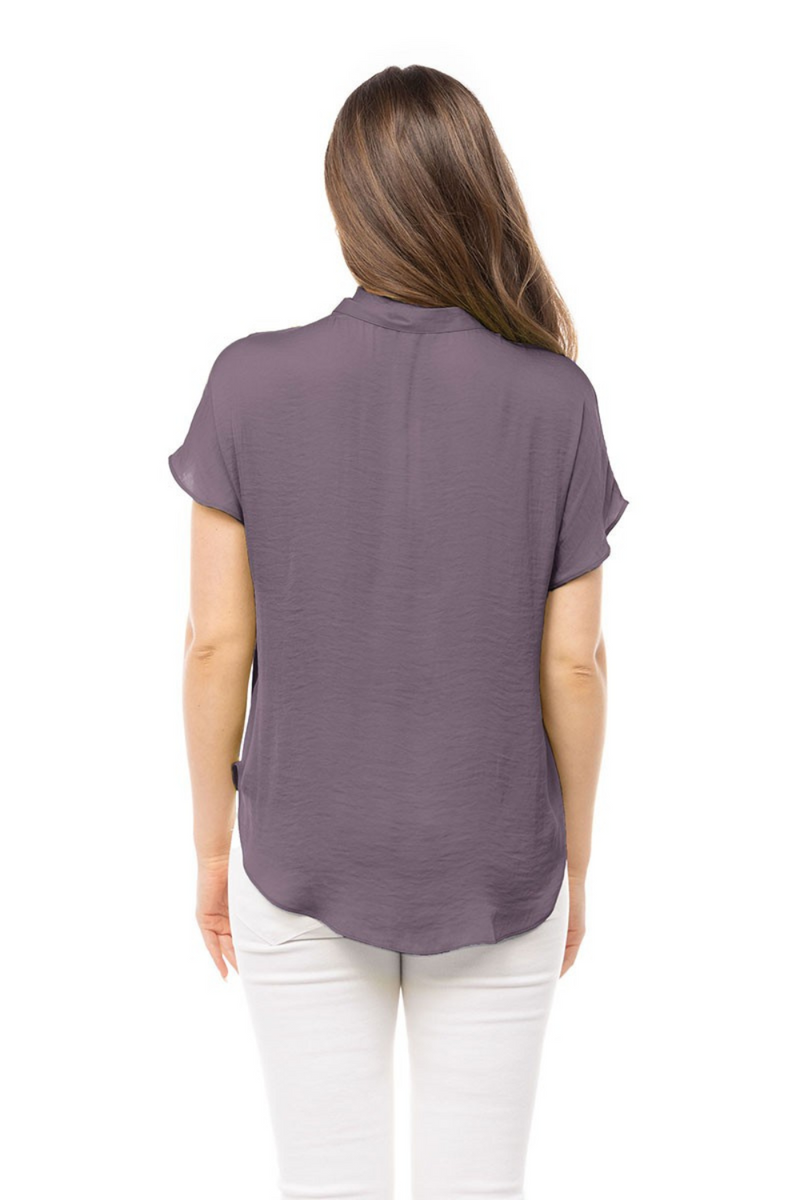 Plum Purple Satin V-Neck Short Sleeve Blouse | Bella Lucca Boutique