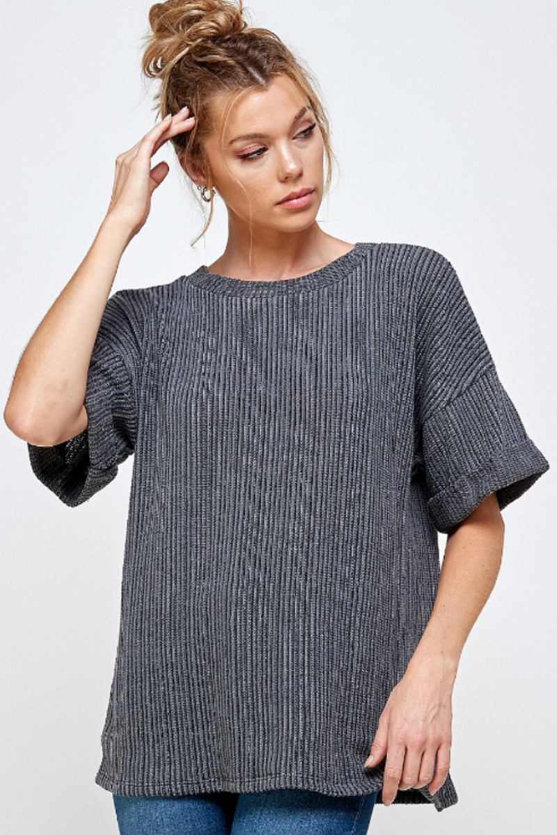 Charcoal Two-Toned  Rolled Sleeve Top | Bella Lucca Boutique