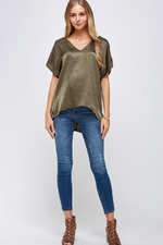 Olive V-Neck Satin Blouse | Bella Lucca Boutique