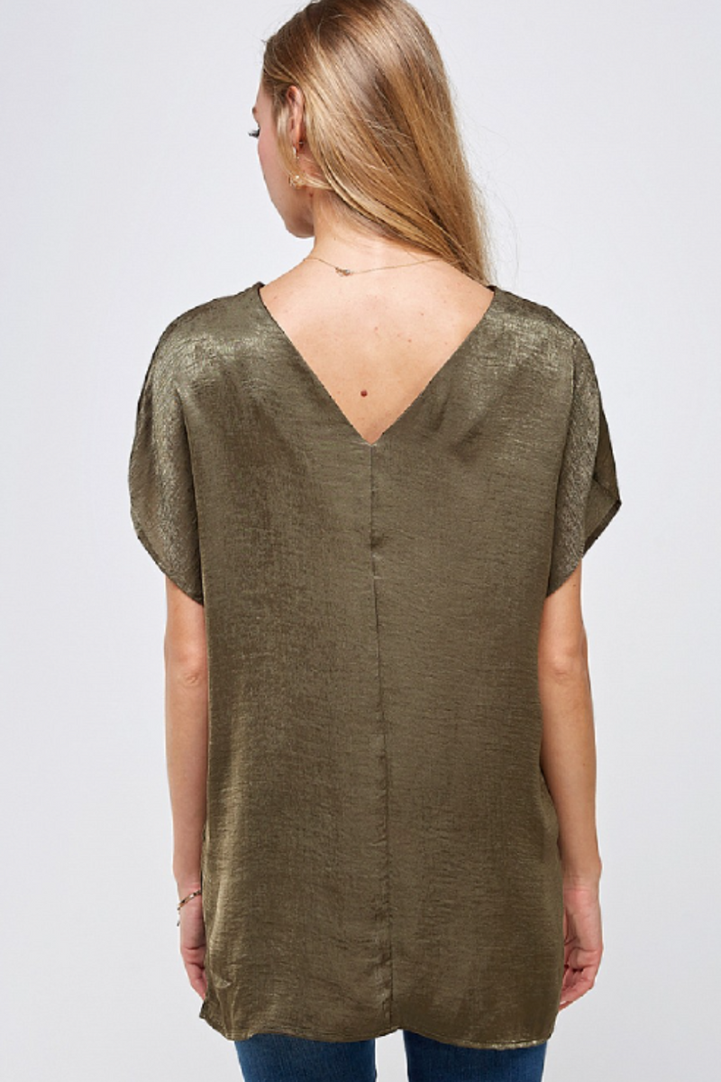 Olive V-Neck Satin Blouse | Bella Lucca Boutique