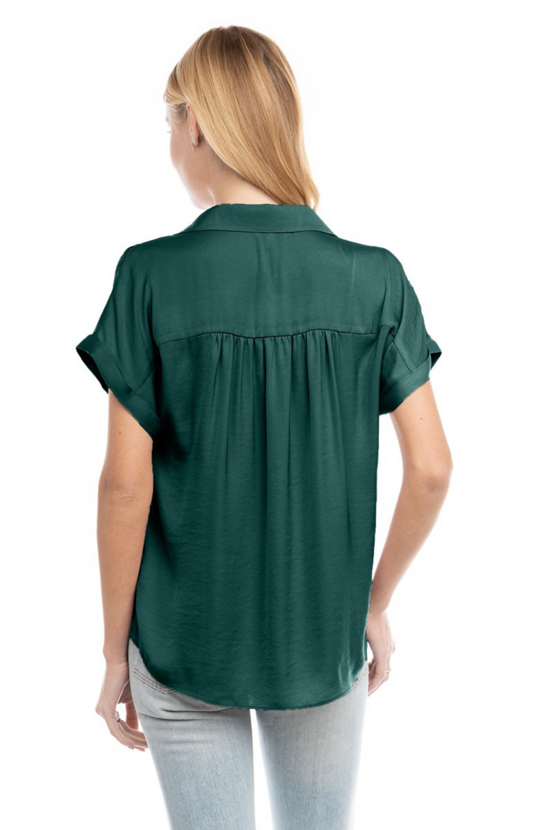 Green Satin Button Down V-Neck Blouse | Bella Lucca Boutique